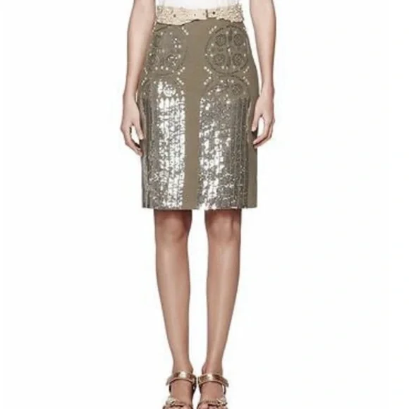 Tory Burch Tan Silver Sequin Pencil Skirt Size 10 - Picture 6 of 13